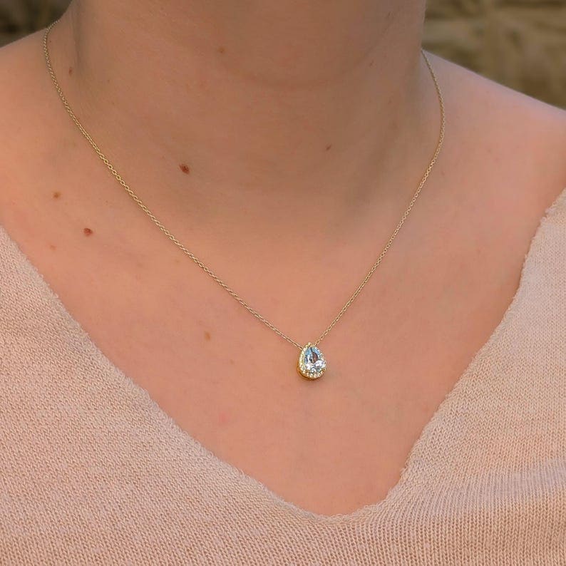 Floating Vintage Teardrop Aquamarine Halo Pendant Necklace Necklaces Handmade Handcrafted