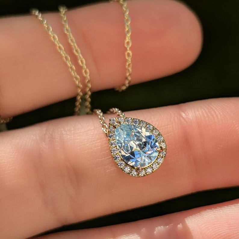 Floating Vintage Teardrop Aquamarine Halo Pendant Necklace Necklaces Handmade Handcrafted