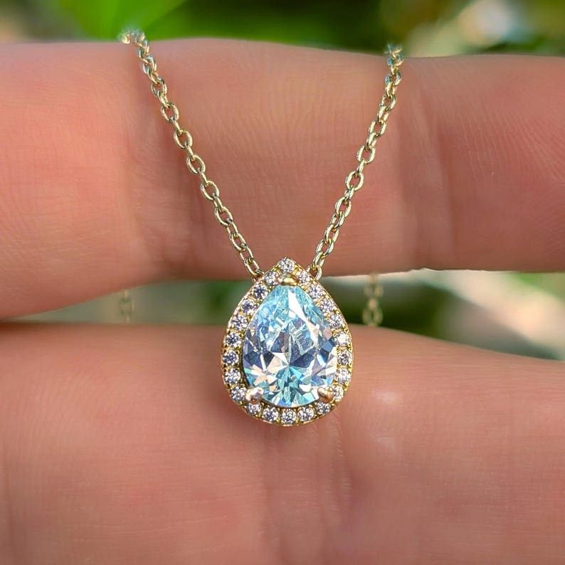 Floating Vintage Teardrop Aquamarine Halo Pendant Necklace Necklaces Handmade Handcrafted