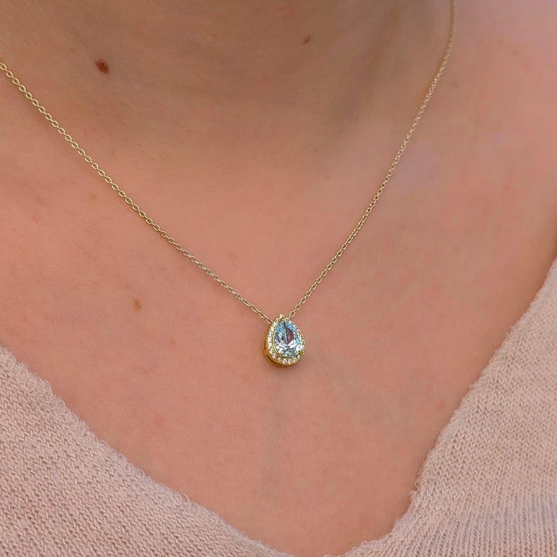 Floating Vintage Teardrop Aquamarine Halo Pendant Necklace Necklaces Handmade Handcrafted