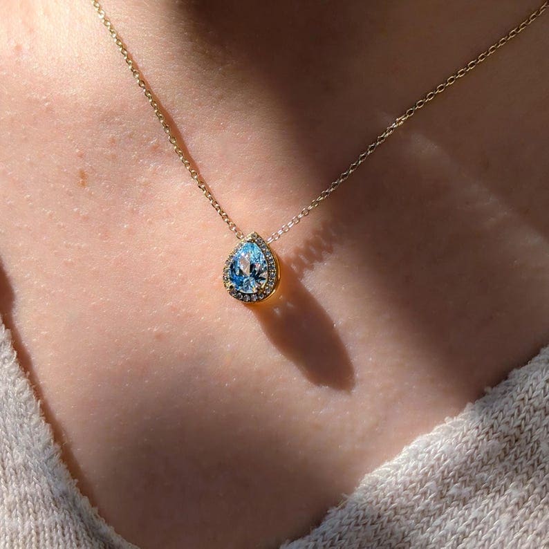 Floating Vintage Teardrop Aquamarine Halo Pendant Necklace Necklaces Handmade Handcrafted