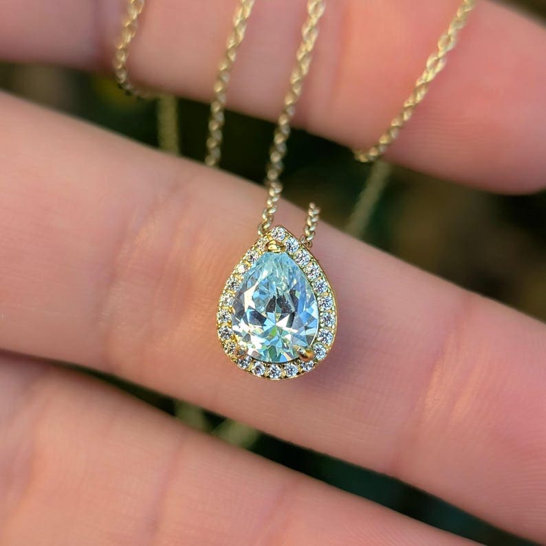 Floating Vintage Teardrop Aquamarine Halo Pendant Necklace Necklaces Handmade Handcrafted
