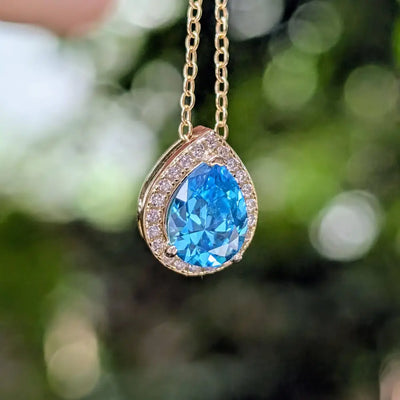 Floating Vintage Teardrop Blue Topaz Halo Pendant Necklace Necklaces Handmade Handcrafted