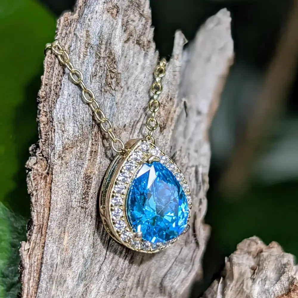 Floating Vintage Teardrop Blue Topaz Halo Pendant Necklace Necklaces Handmade Handcrafted
