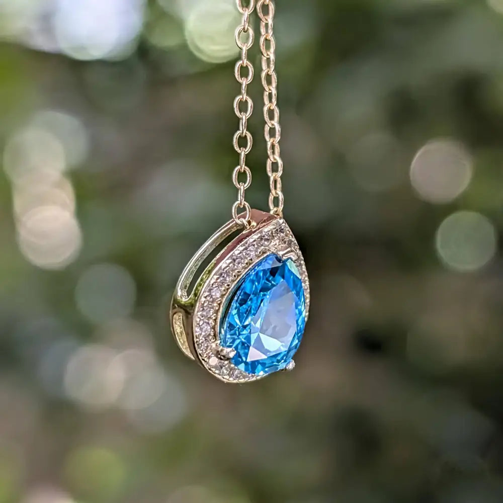 Floating Vintage Teardrop Blue Topaz Halo Pendant Necklace Necklaces Handmade Handcrafted