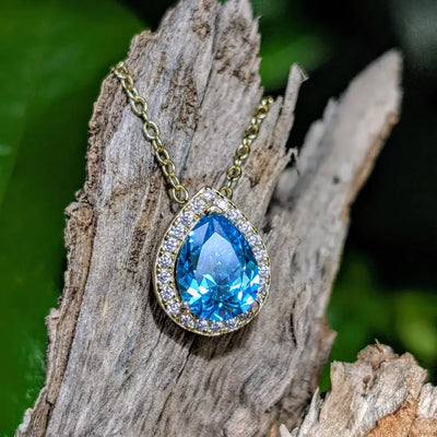 Floating Vintage Teardrop Blue Topaz Halo Pendant Necklace Necklaces Handmade Handcrafted