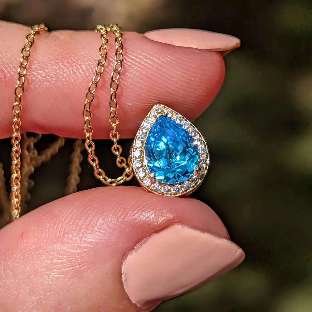 Floating Vintage Teardrop Blue Topaz Halo Pendant Necklace Necklaces Handmade Handcrafted