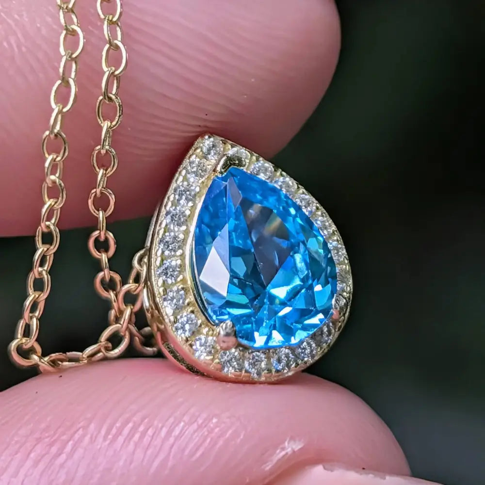 Floating Vintage Teardrop Blue Topaz Halo Pendant Necklace Necklaces Handmade Handcrafted