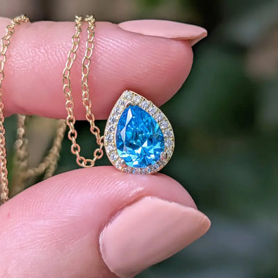Floating Vintage Teardrop Blue Topaz Halo Pendant Necklace Necklaces Handmade Handcrafted
