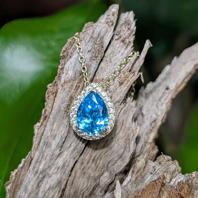 Floating Vintage Teardrop Blue Topaz Halo Pendant Necklace Necklaces Handmade Handcrafted