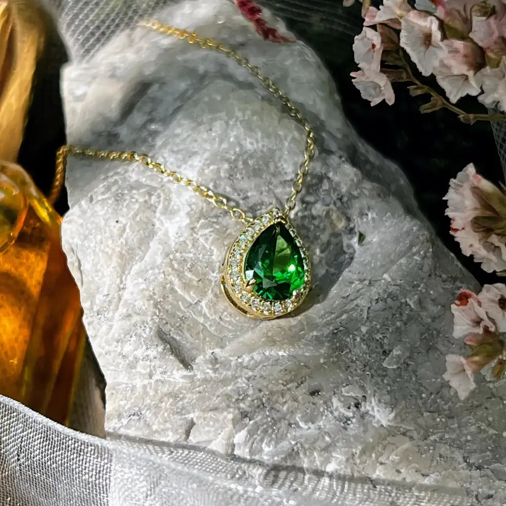 Floating Vintage Teardrop Emerald Halo Pendant Necklace Necklaces Handmade Handcrafted