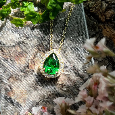 Floating Vintage Teardrop Emerald Halo Pendant Necklace Necklaces Handmade Handcrafted