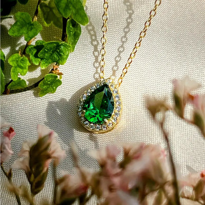 Floating Vintage Teardrop Emerald Halo Pendant Necklace Necklaces Handmade Handcrafted