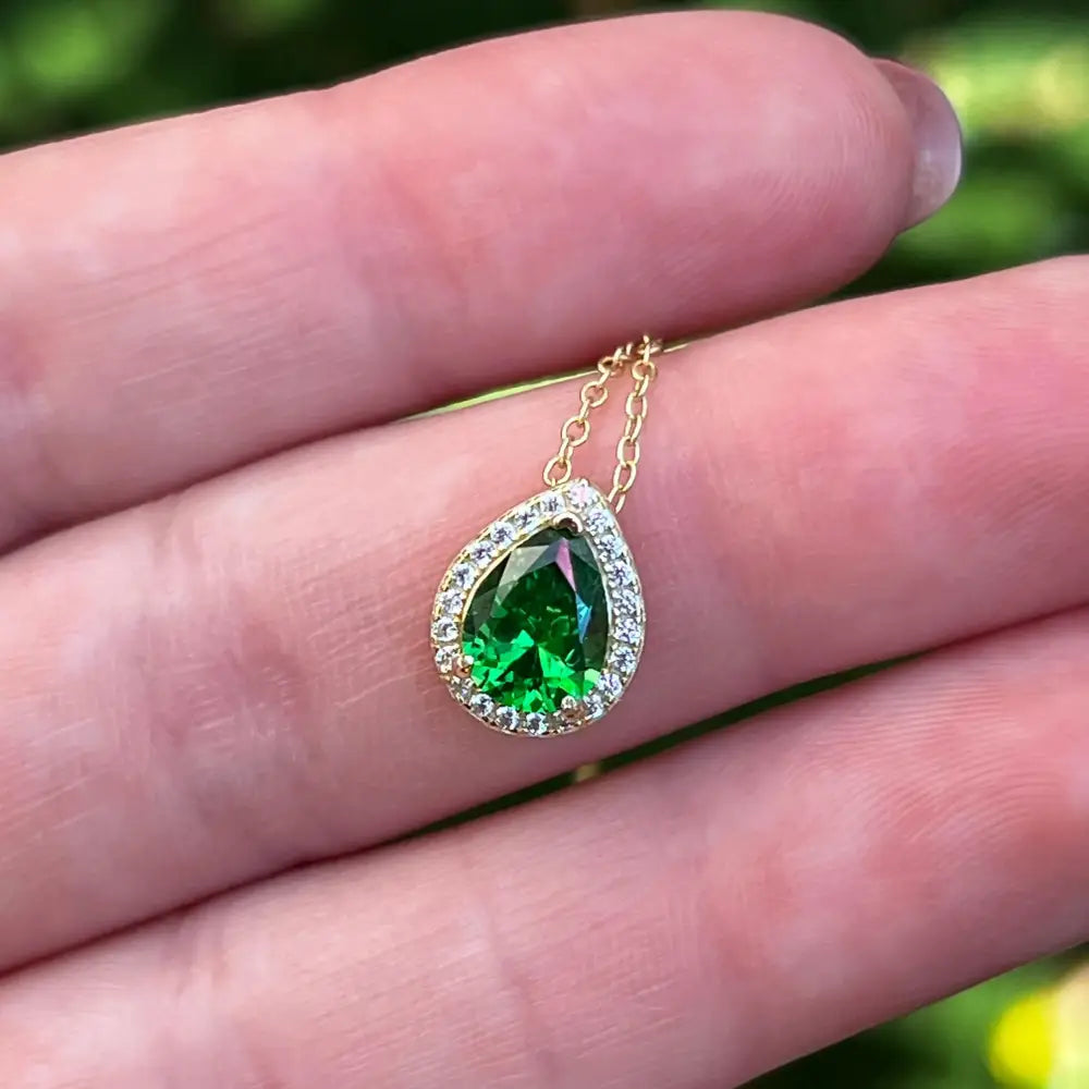 Floating Vintage Teardrop Emerald Halo Pendant Necklace Necklaces Handmade Handcrafted