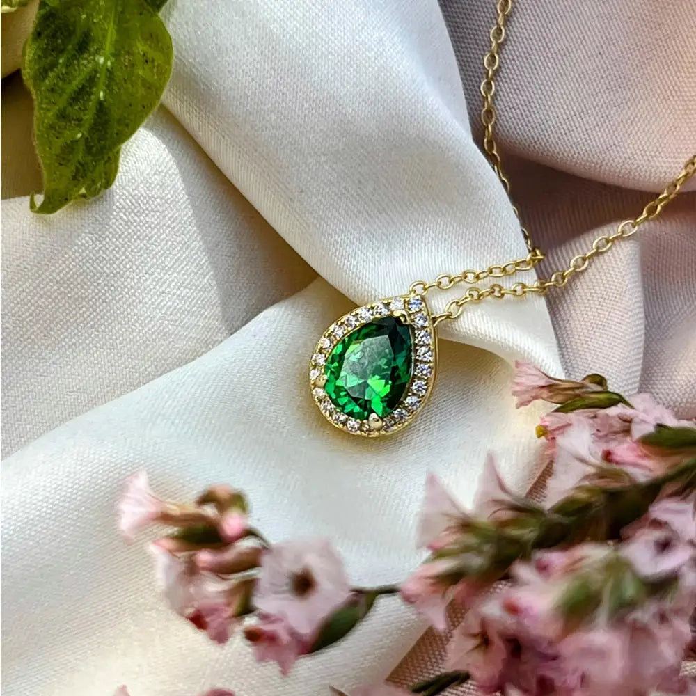 Floating Vintage Teardrop Emerald Halo Pendant Necklace Necklaces Handmade Handcrafted