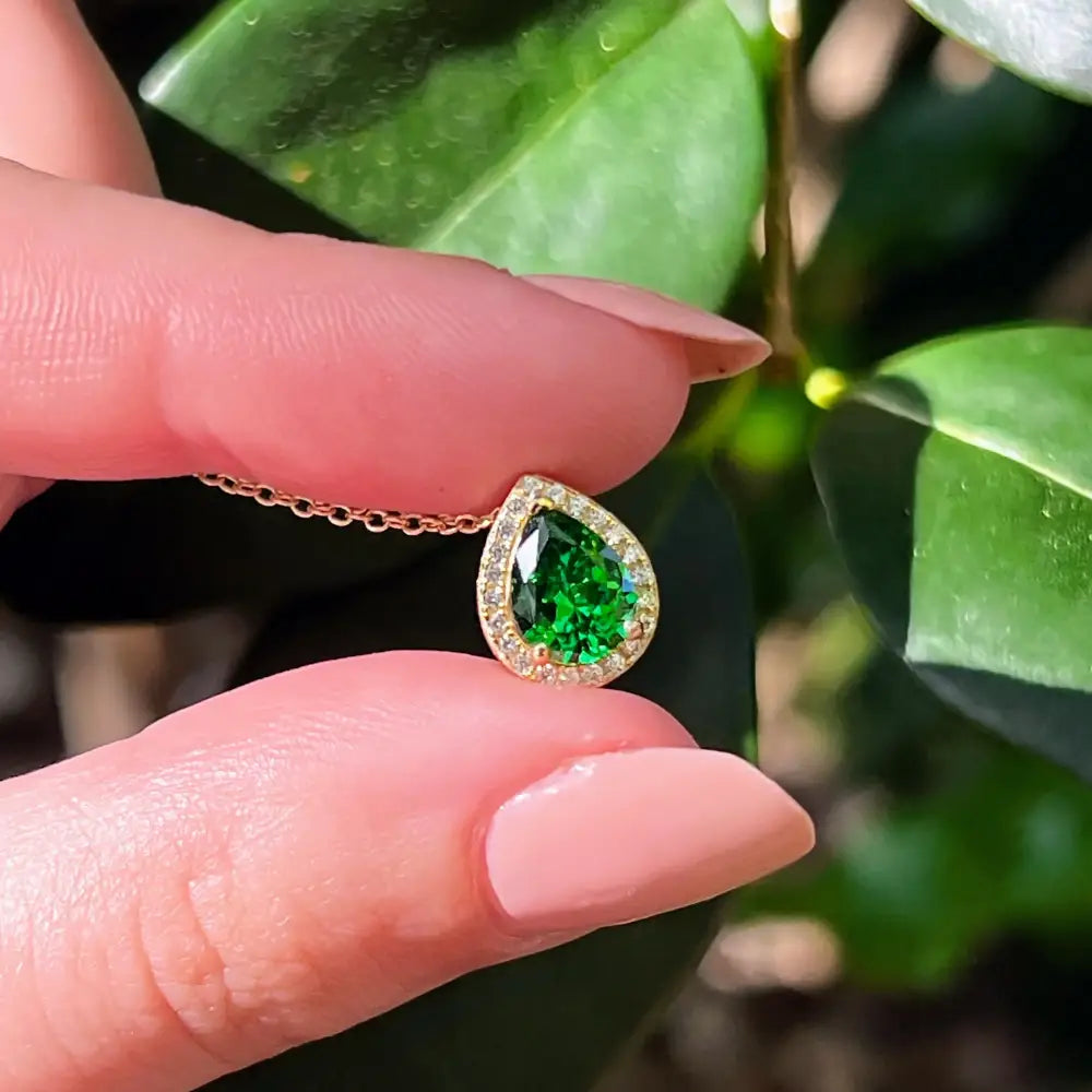 Floating Vintage Teardrop Emerald Halo Pendant Necklace Necklaces Handmade Handcrafted