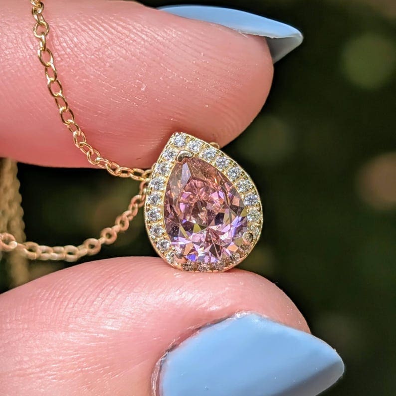 Floating Vintage Teardrop Pink Tourmaline Halo Pendant Necklace Necklaces Handmade Handcrafted