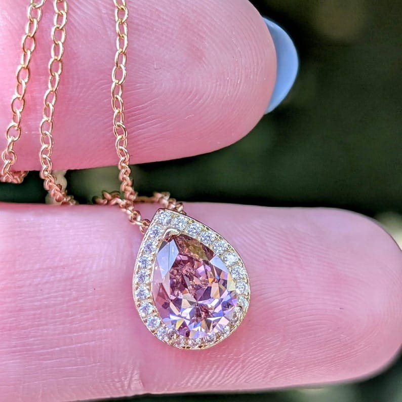 Floating Vintage Teardrop Pink Tourmaline Halo Pendant Necklace Necklaces Handmade Handcrafted