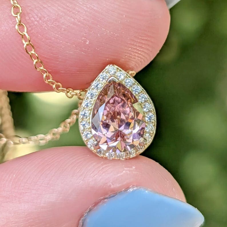 Floating Vintage Teardrop Pink Tourmaline Halo Pendant Necklace Necklaces Handmade Handcrafted