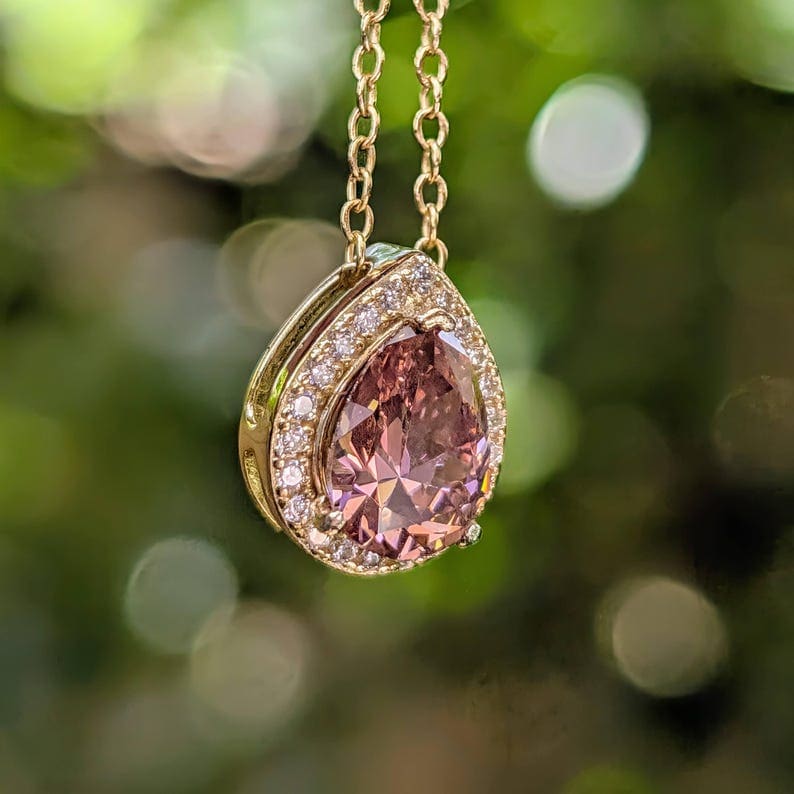 Floating Vintage Teardrop Pink Tourmaline Halo Pendant Necklace Necklaces Handmade Handcrafted