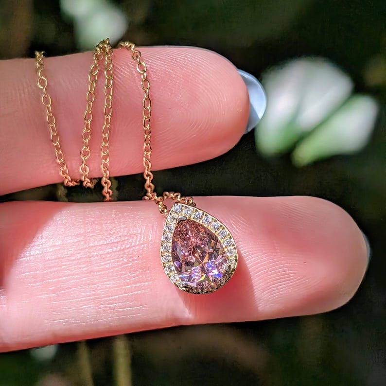 Floating Vintage Teardrop Pink Tourmaline Halo Pendant Necklace Necklaces Handmade Handcrafted