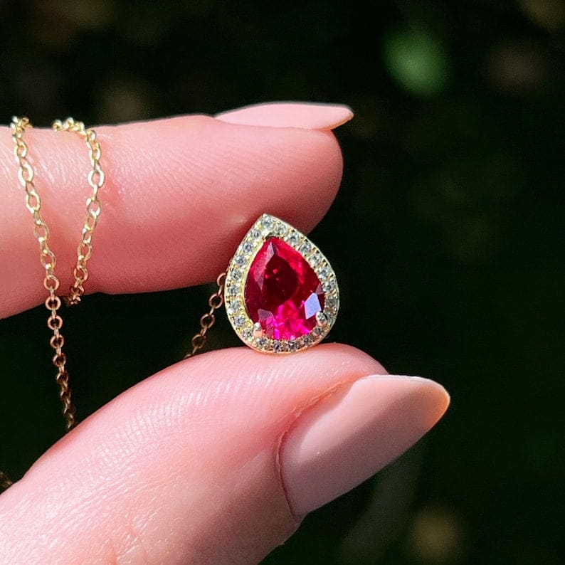 Floating Vintage Teardrop Ruby Halo Pendant Necklace Necklaces Handmade Handcrafted