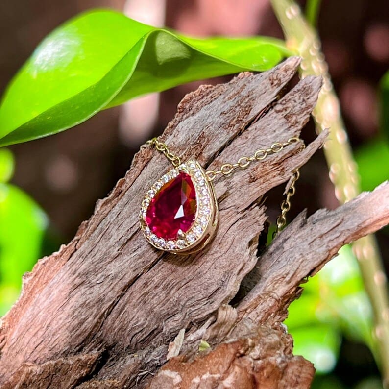 Floating Vintage Teardrop Ruby Halo Pendant Necklace Necklaces Handmade Handcrafted