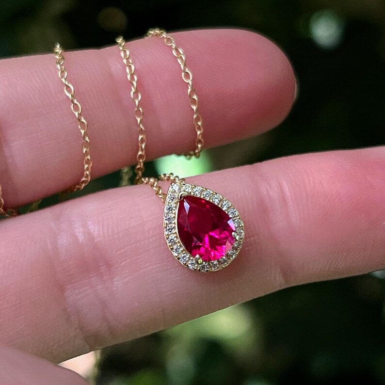 Floating Vintage Teardrop Ruby Halo Pendant Necklace Necklaces Handmade Handcrafted