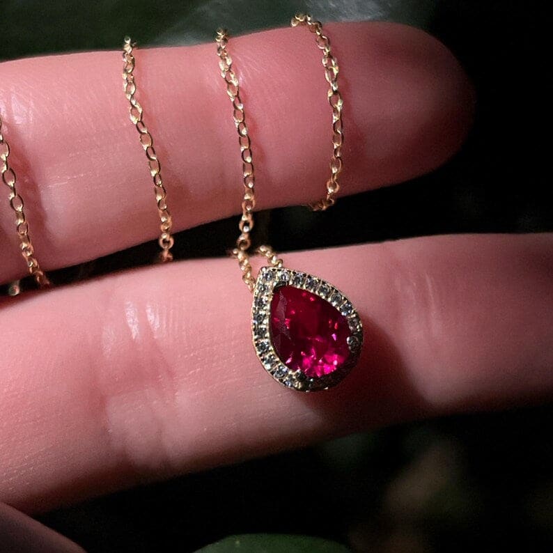 Floating Vintage Teardrop Ruby Halo Pendant Necklace Necklaces Handmade Handcrafted