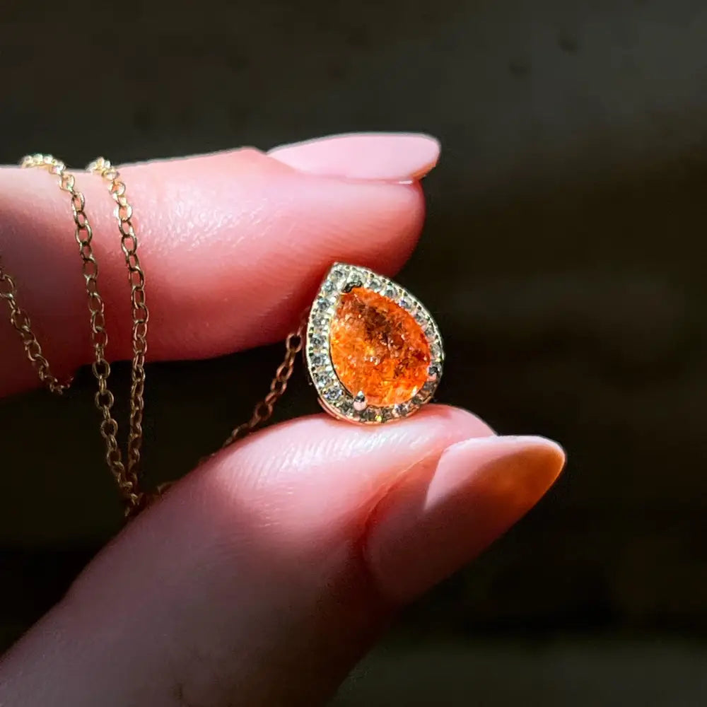 Floating Vintage Teardrop Sunstone Halo Pendant Necklace Necklaces Handmade Handcrafted