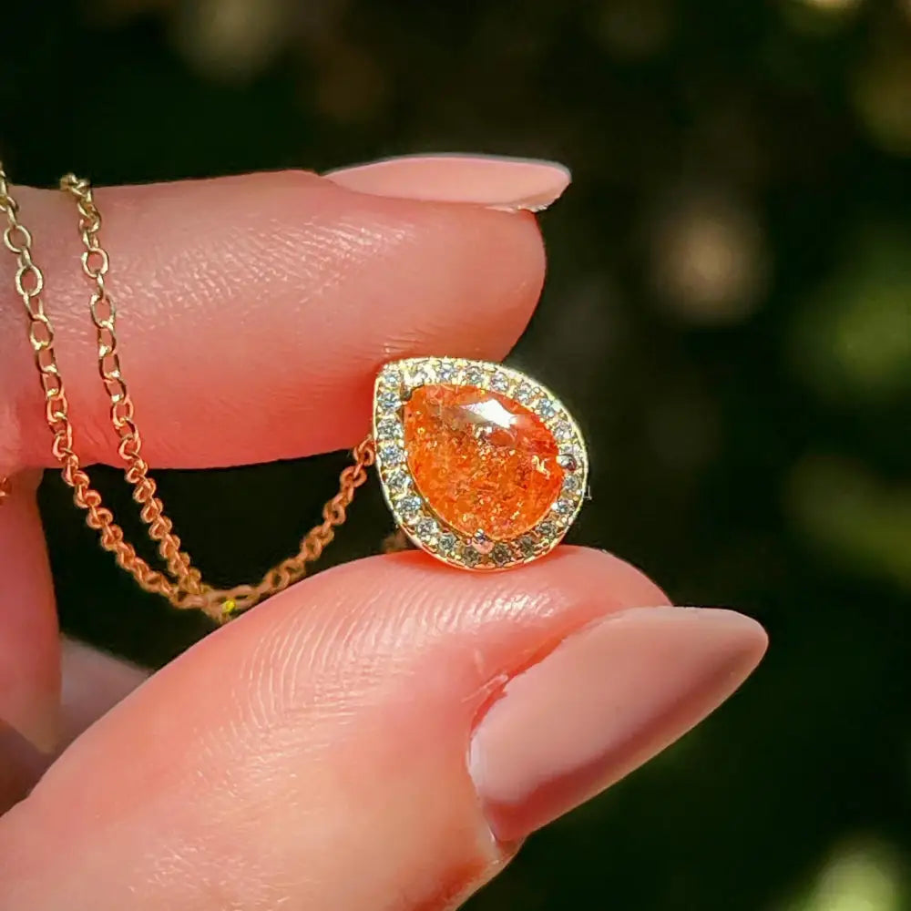 Floating Vintage Teardrop Sunstone Halo Pendant Necklace Necklaces Handmade Handcrafted