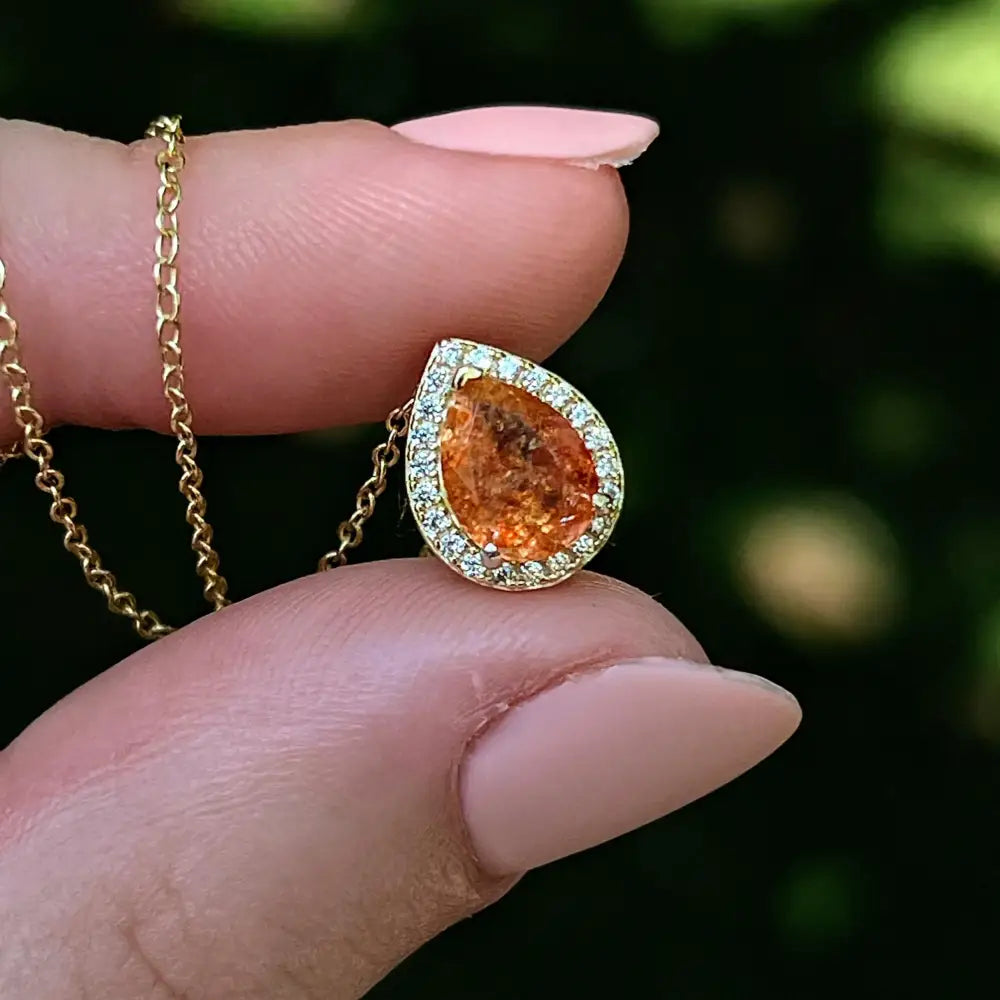 Floating Vintage Teardrop Sunstone Halo Pendant Necklace Necklaces Handmade Handcrafted