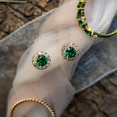Halo Stud - Emerald Earrings Handmade Handcrafted