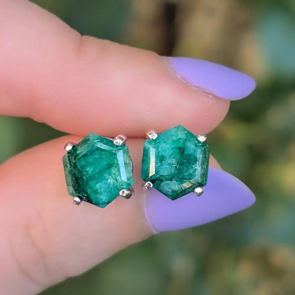 Hexagon Emerald Stud Earrings Earrings Handmade Handcrafted