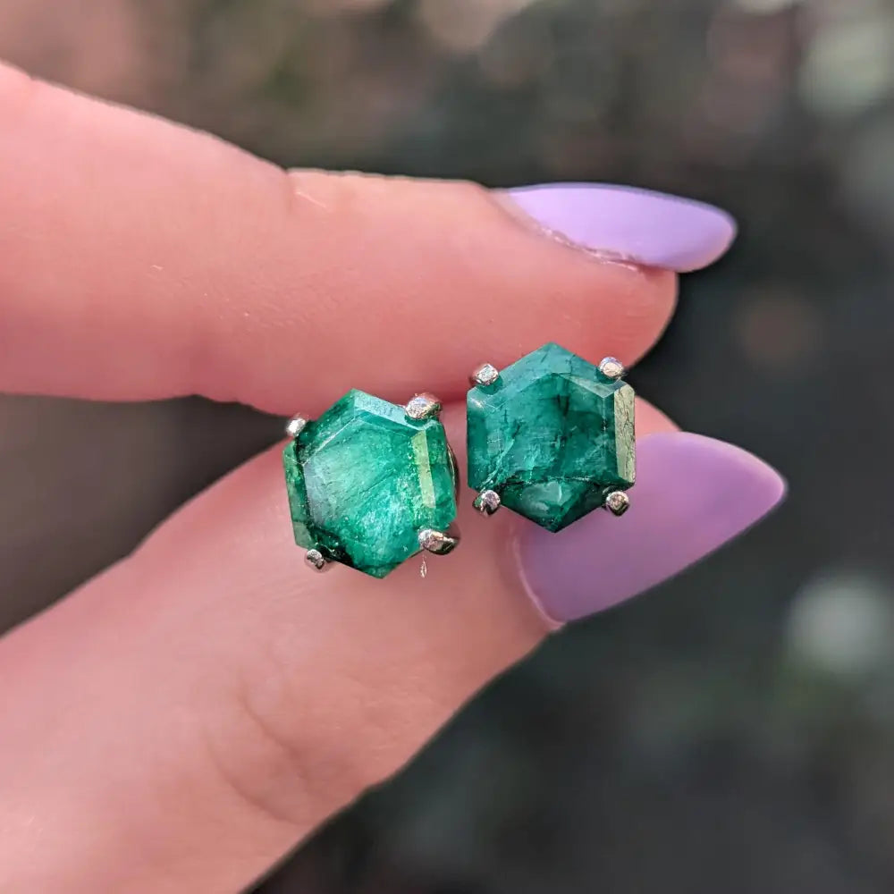 Hexagon Emerald Stud Earrings Earrings Handmade Handcrafted