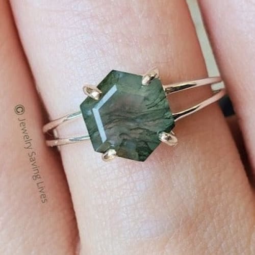 Hexagon Moss Agate Ring Rings Handmade Handcrafted