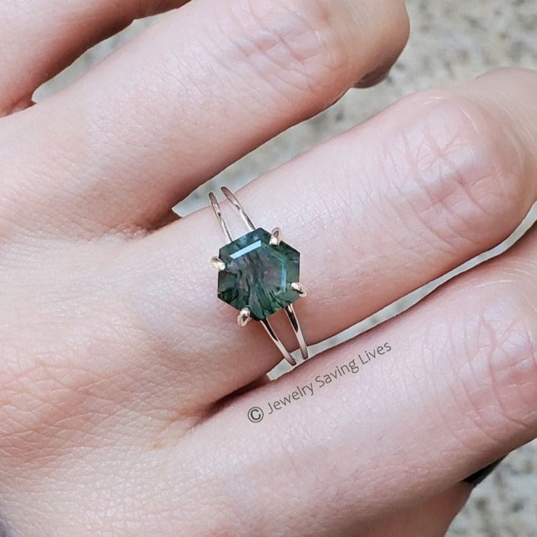 Hexagon Moss Agate Ring Rings Handmade Handcrafted