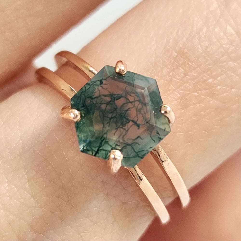 Hexagon Moss Agate Ring Rings Handmade Handcrafted