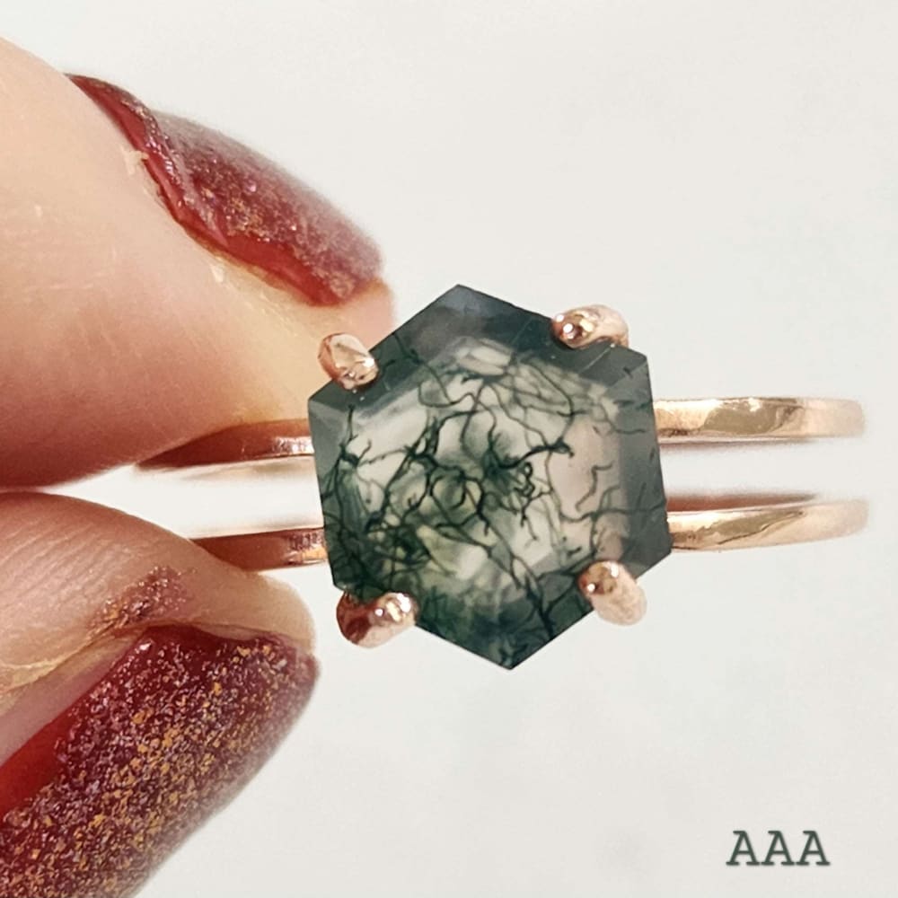 Hexagon Moss Agate Ring Rings Handmade Handcrafted