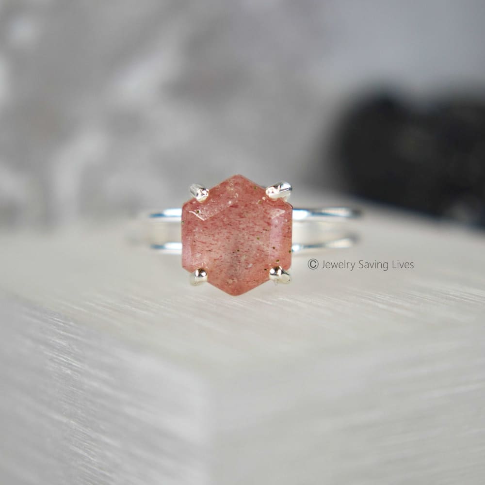 Hexagon Strawberry Quartz Ring Rings Handmade Handcrafted