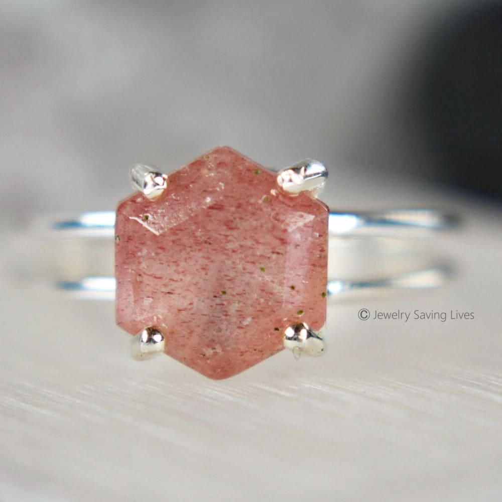 Hexagon Strawberry Quartz Ring Rings Handmade Handcrafted