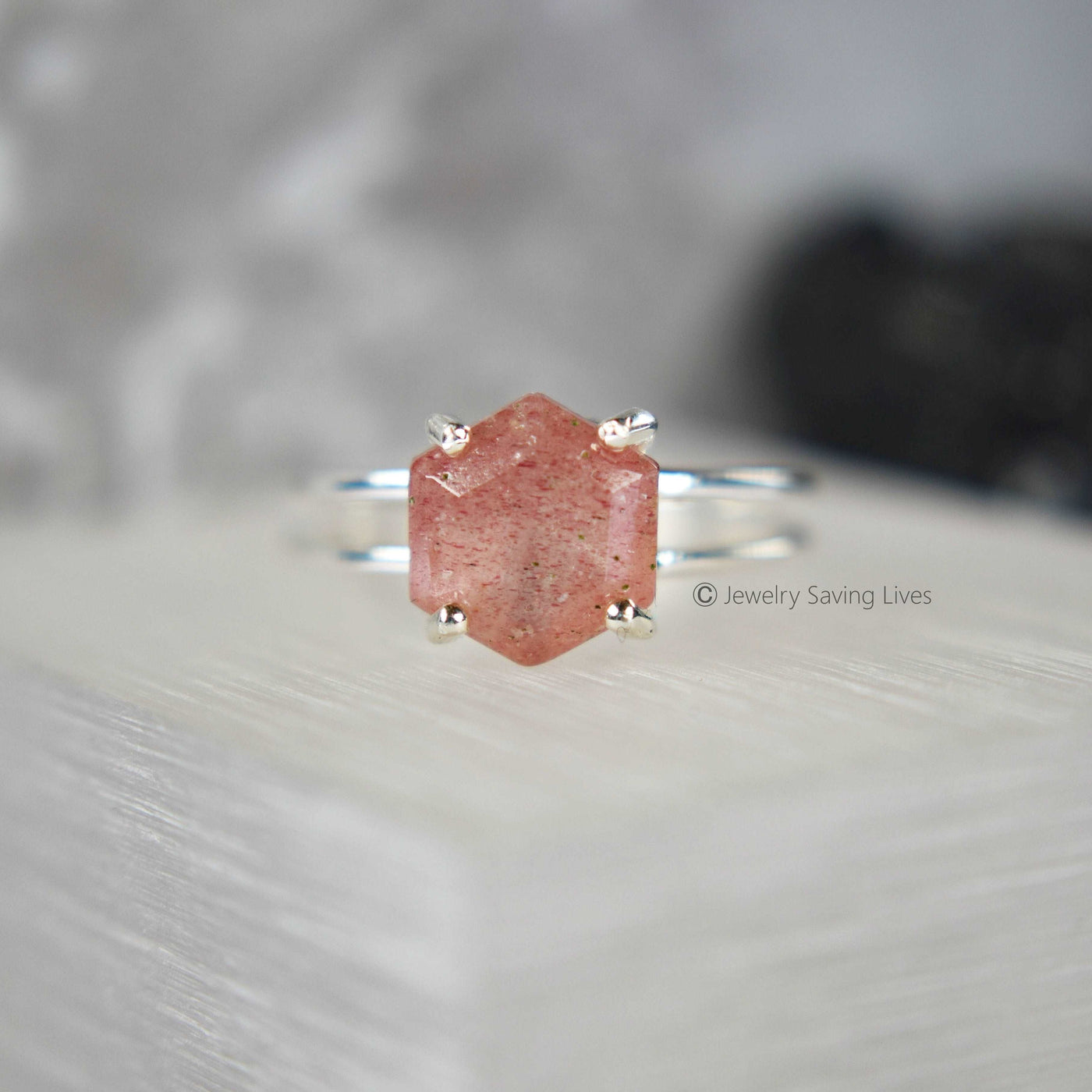 Hexagon Strawberry Quartz Ring