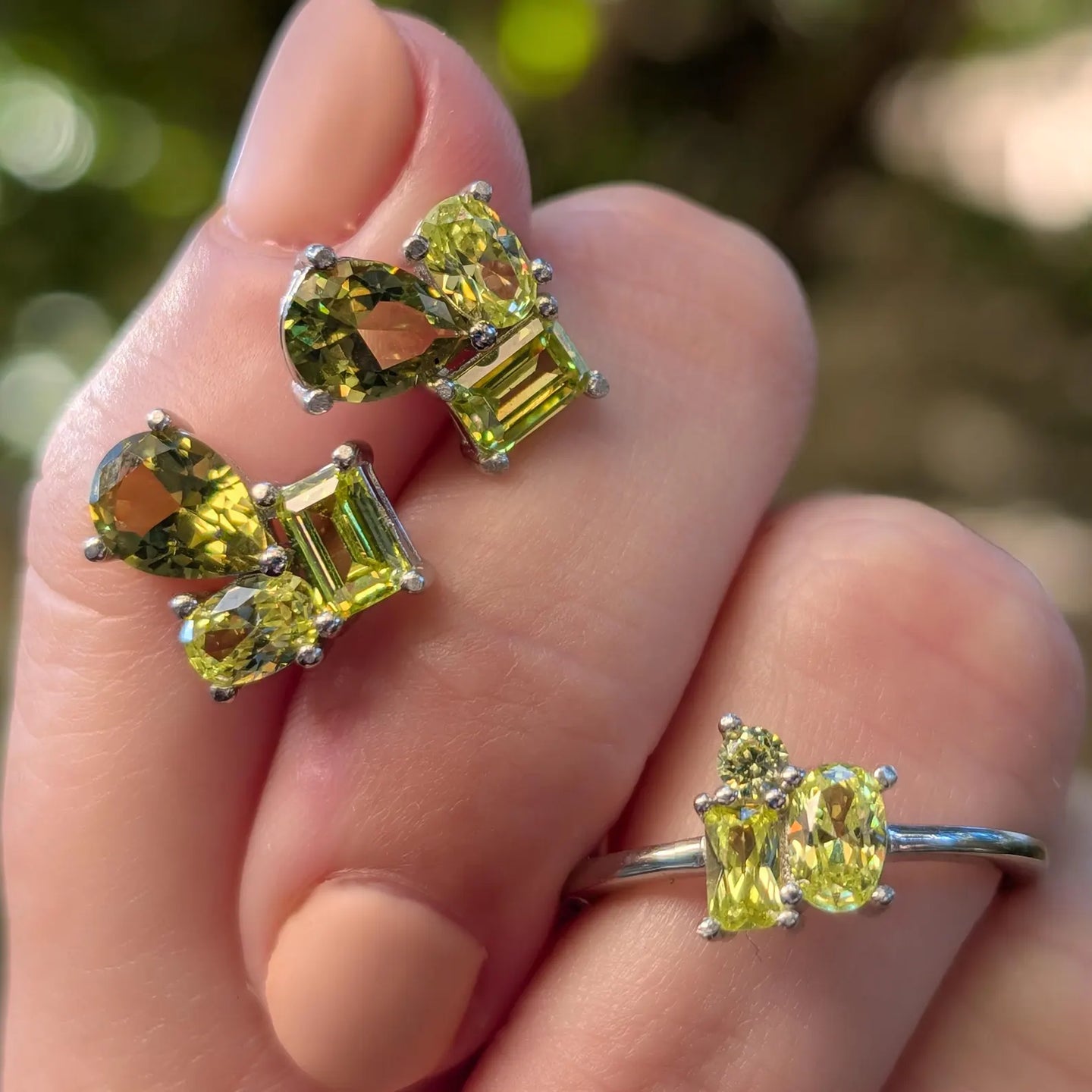 Peridot 3 Stone Cluster Ring