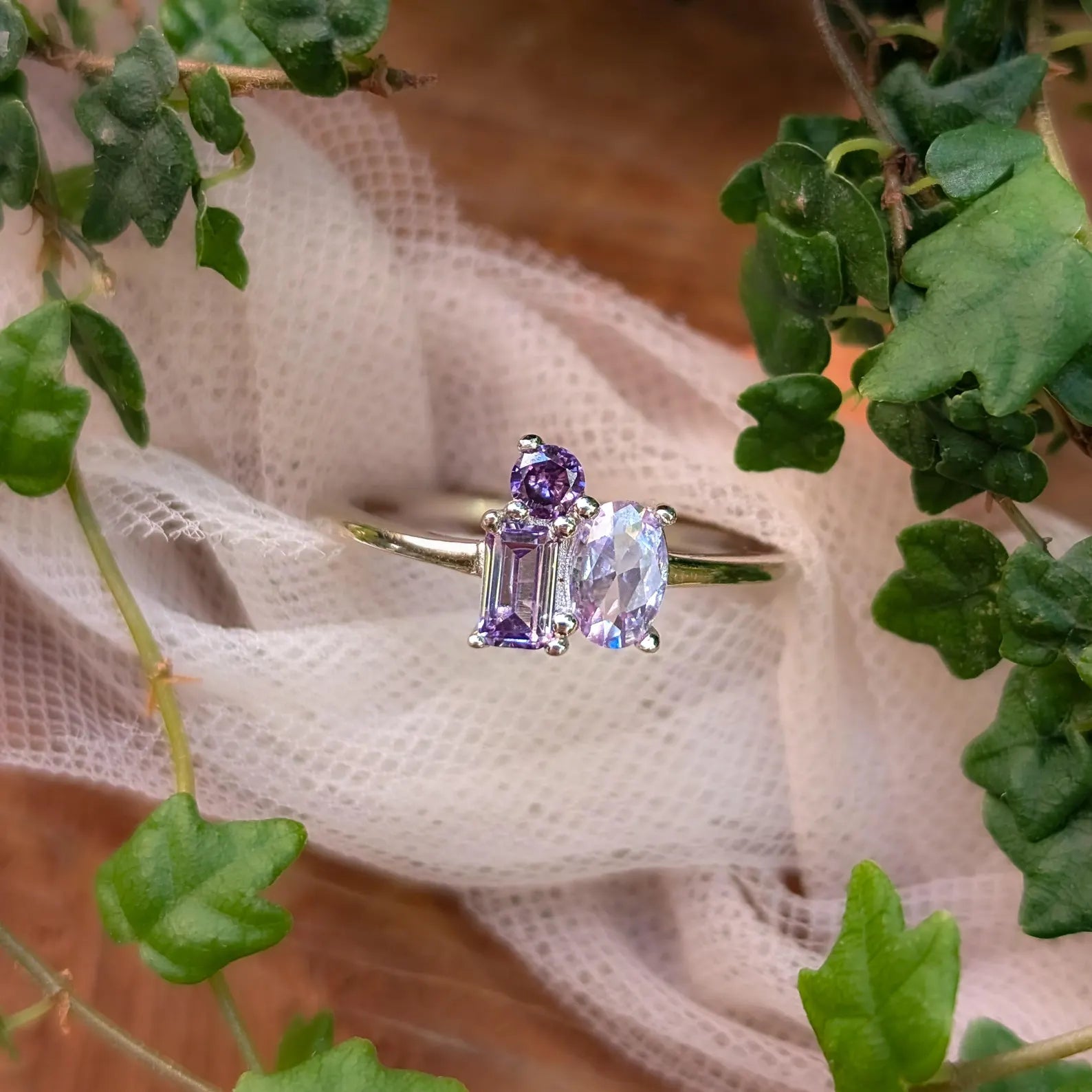 Amethyst 3 Stone Cluster Ring