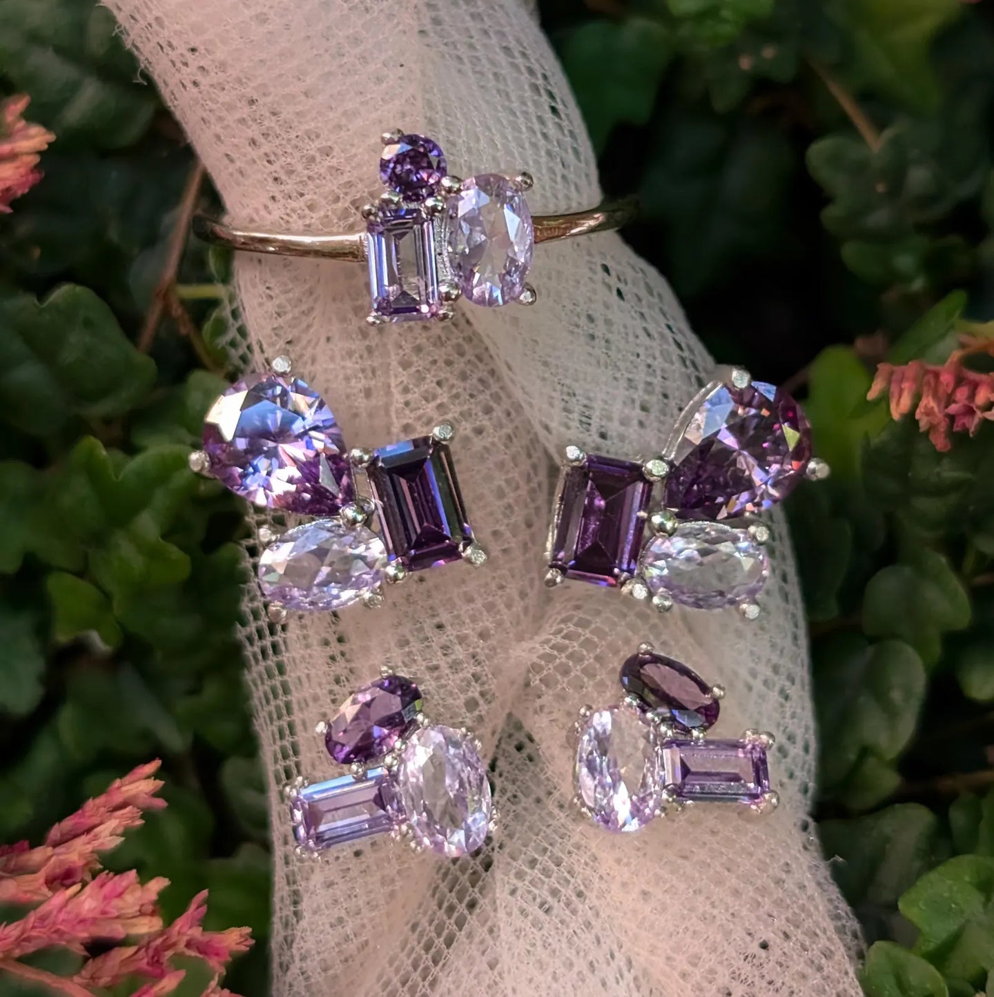 Amethyst 3 Stone Cluster Ring