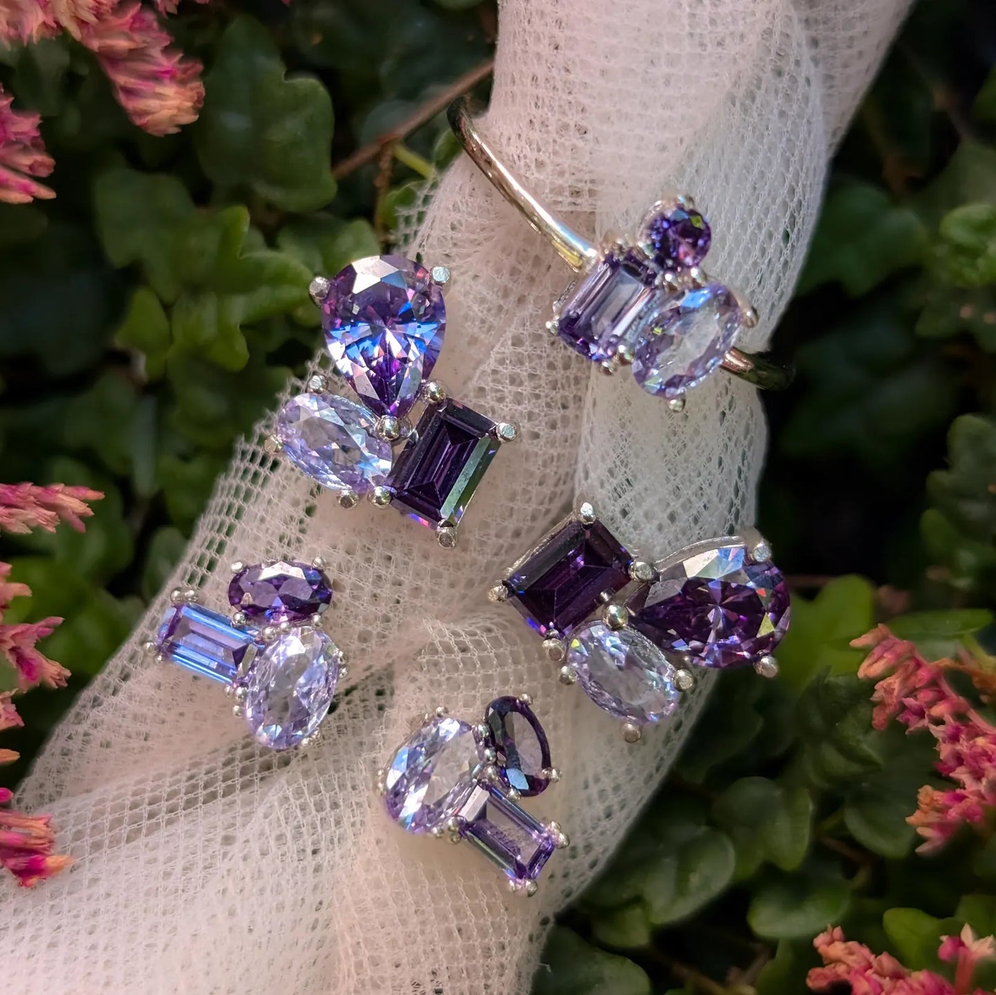Amethyst 3 Stone Cluster Ring