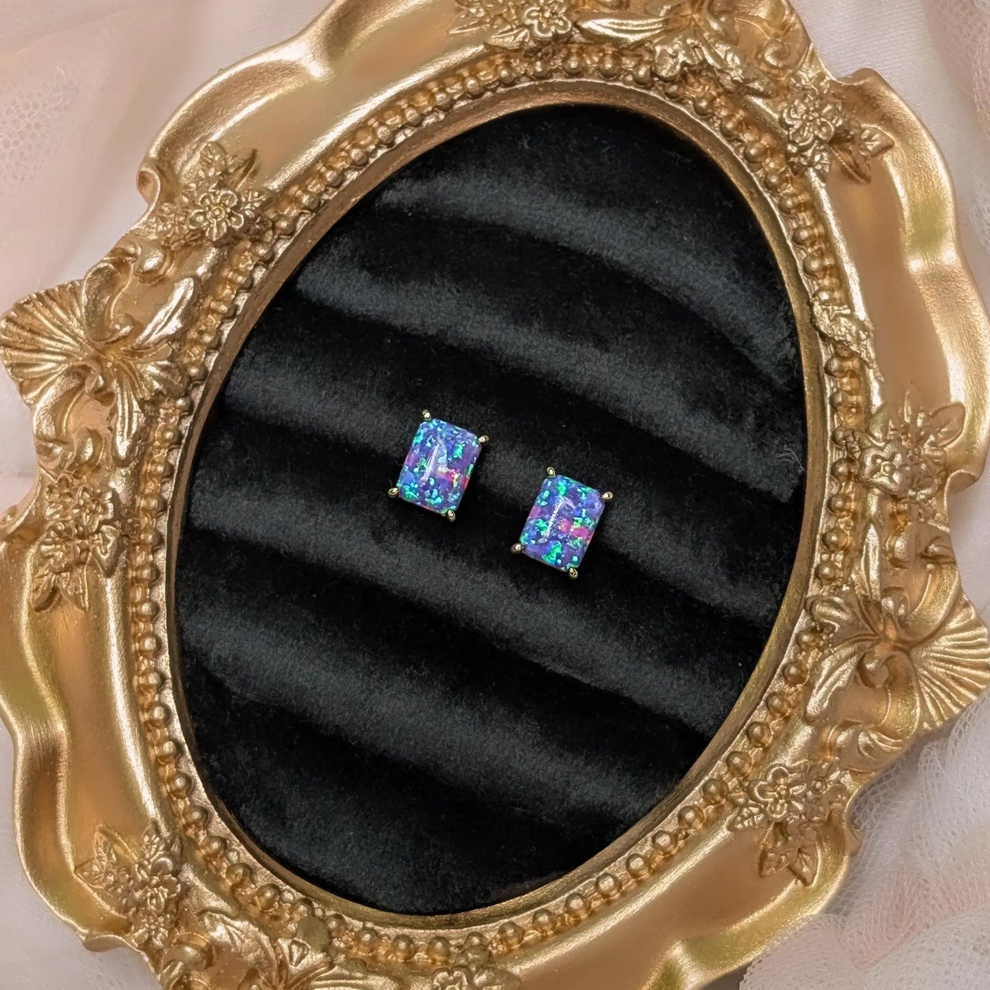 The Audette - Emerald Cut Lavender Dreams Opal Stud Earrings