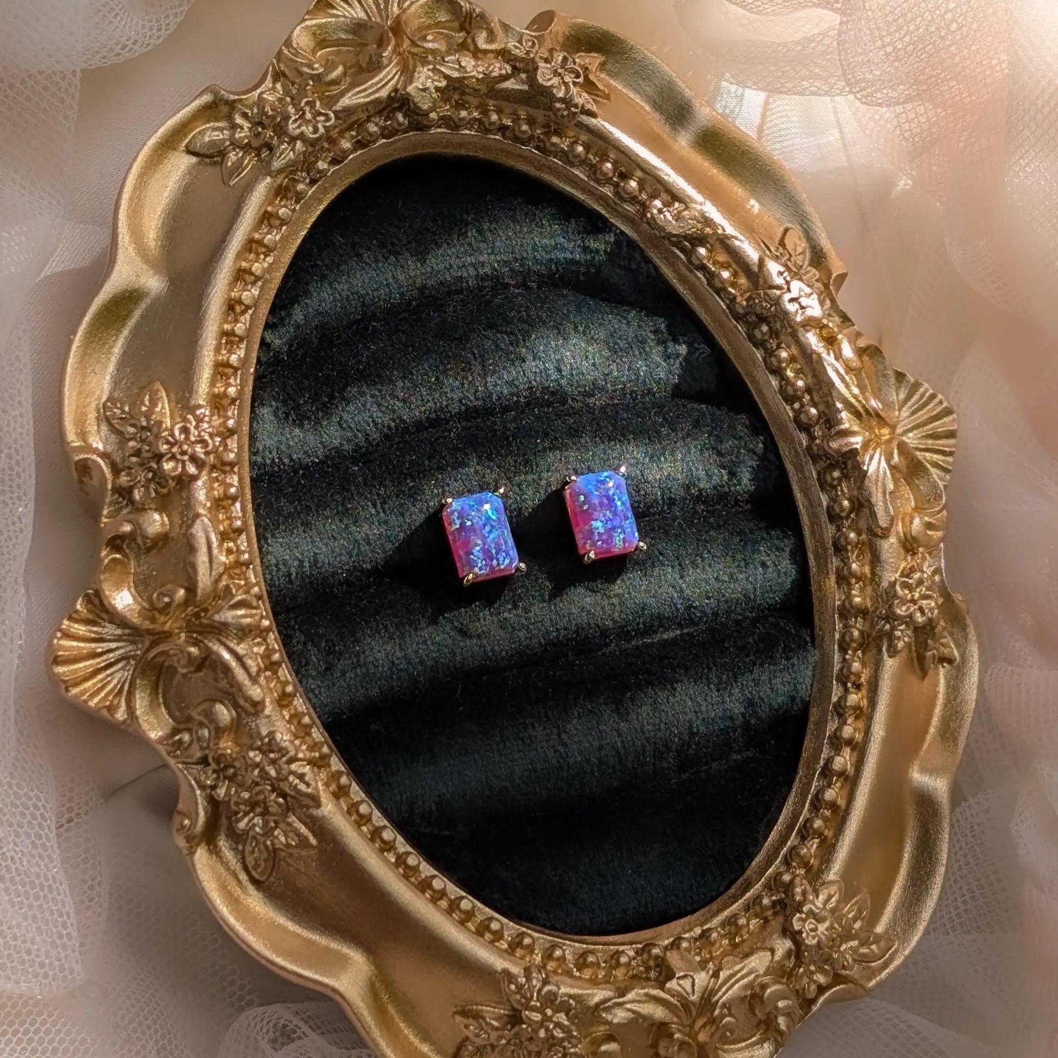 The Audette - Emerald Cut Lavender Dreams Opal Stud Earrings