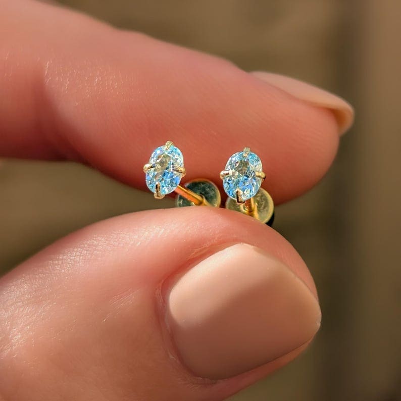 Micro Stud Oval - Aquamarine Earrings Handmade Handcrafted