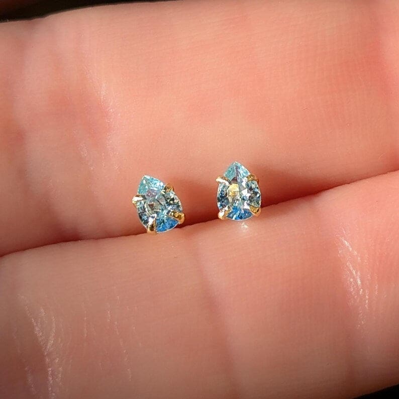 Micro Stud Teardrop - Aquamarine Earrings Handmade Handcrafted